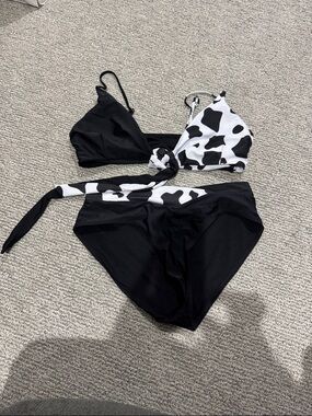 Black & White Cow-Print Tie Bikini Top with Black Bottoms